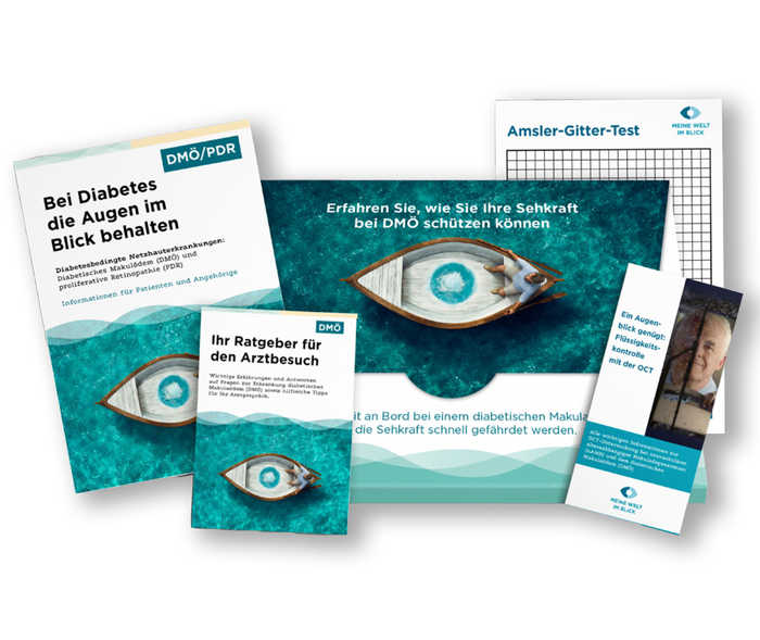 Das Bild zeigt die Inhalte des DMÖ-Bestellpakets: Drei Broschüren und Flyer sowie das Amsler-Gitter