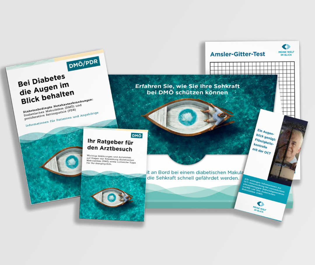 Das Bild zeigt die Inhalte des DMÖ-Bestellpakets: Drei Broschüren und Flyer sowie das Amsler-Gitter